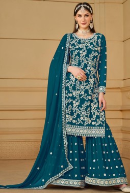 Blue Faux Georgette Sequins Embroidered Festival Wear Sharara Set