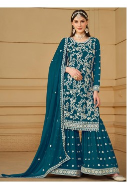 Blue Faux Georgette Sequins Embroidered Festival Wear Sharara Set