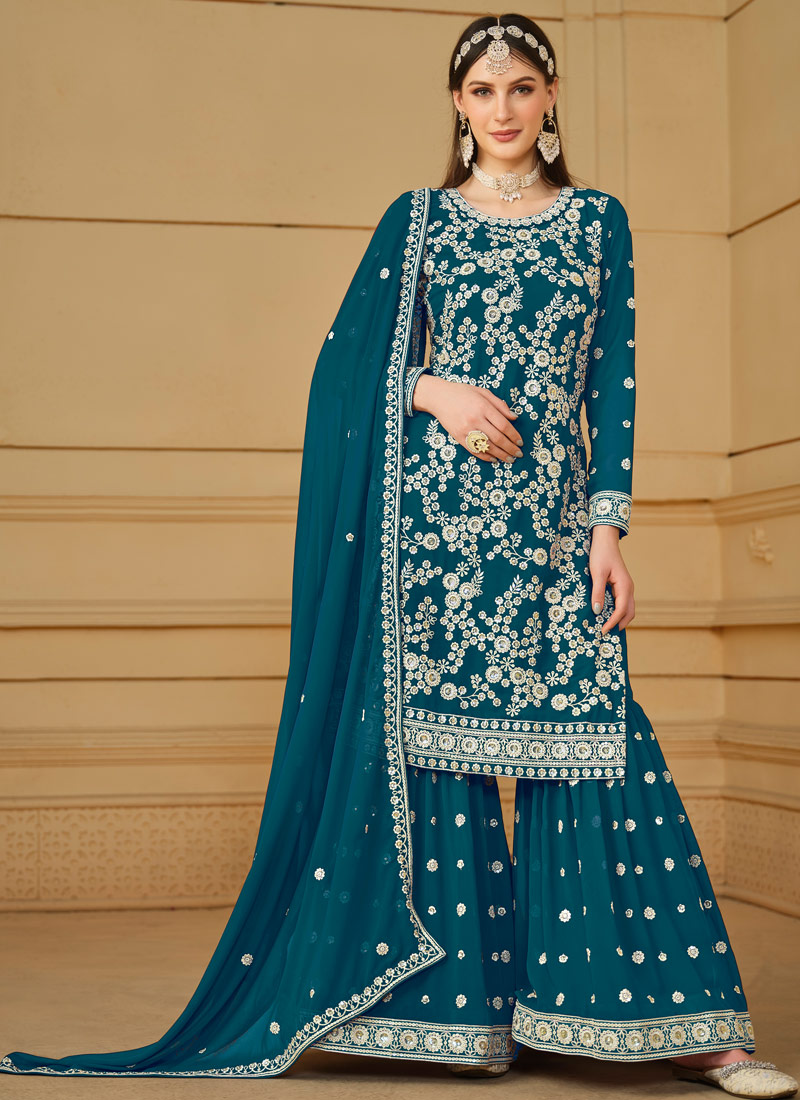 Blue Faux Georgette Sequins Embroidered Festival Wear Sharara Set