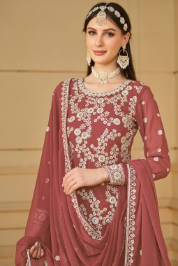 Peach Faux Georgette Thread Embroidered Festival Wear Sharara Set