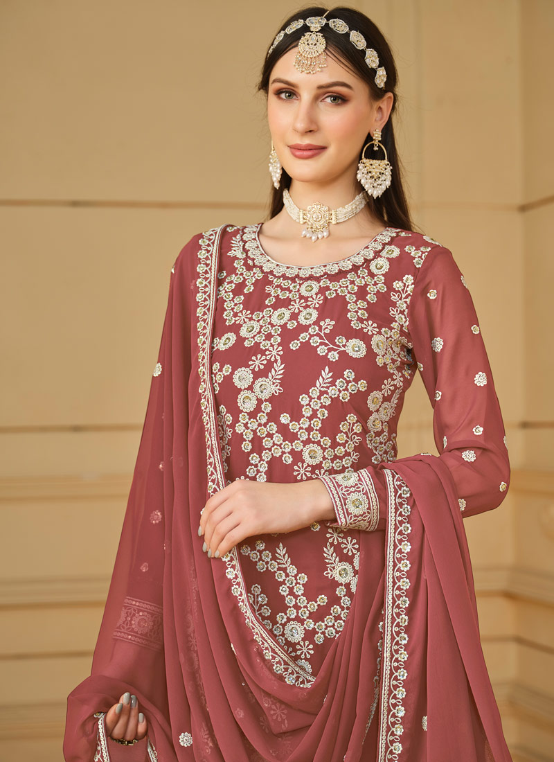 Peach Faux Georgette Thread Embroidered Festival Wear Sharara Set