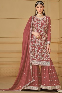 Peach Faux Georgette Thread Embroidered Festival Wear Sharara Set