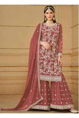 Peach Faux Georgette Thread Embroidered Festival Wear Sharara Set