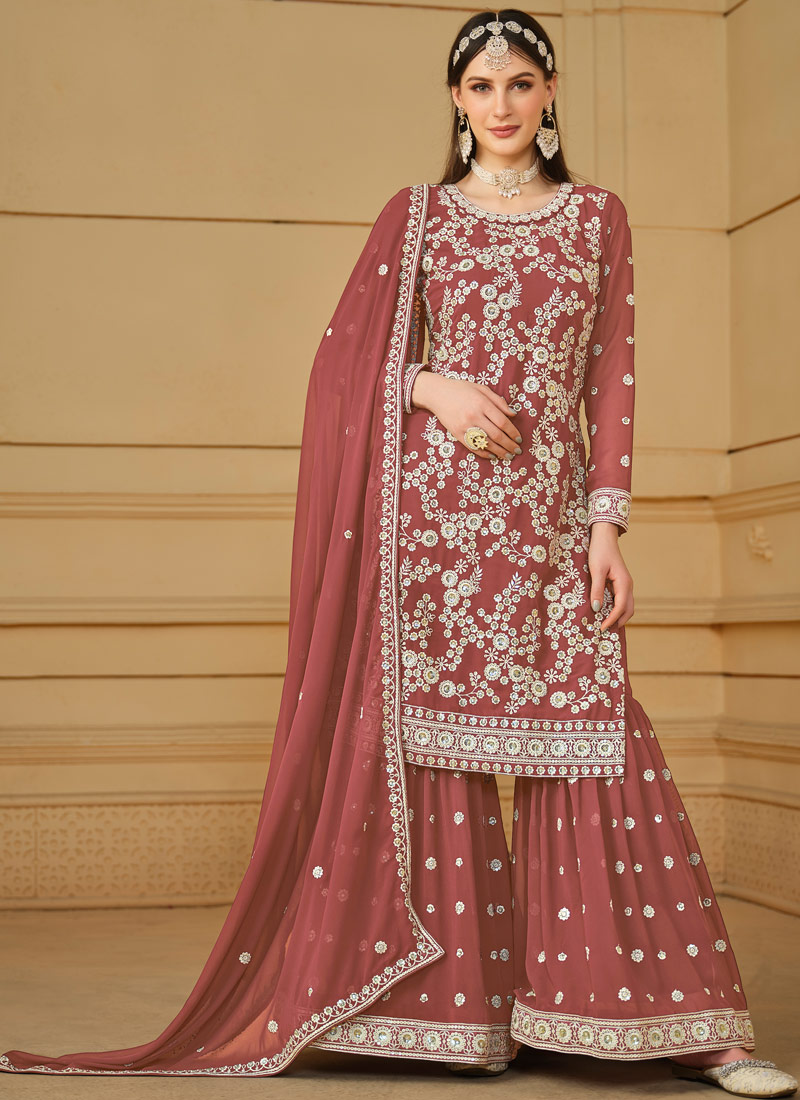 Peach Faux Georgette Thread Embroidered Festival Wear Sharara Set