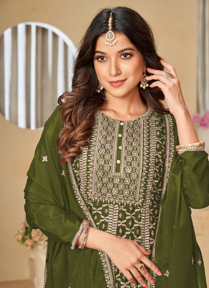 Green Chinnon Sequins Embroidered Wedding Salwar Kameez