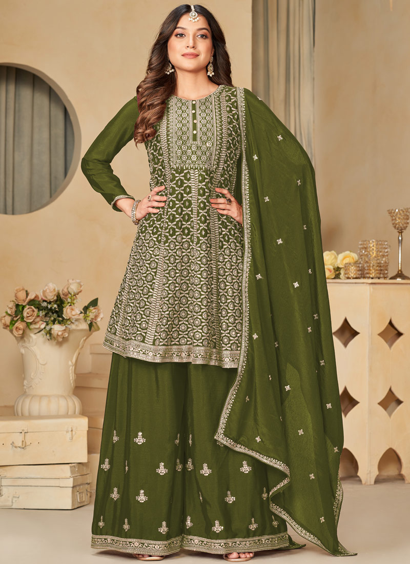 Green Chinnon Sequins Embroidered Wedding Salwar Kameez