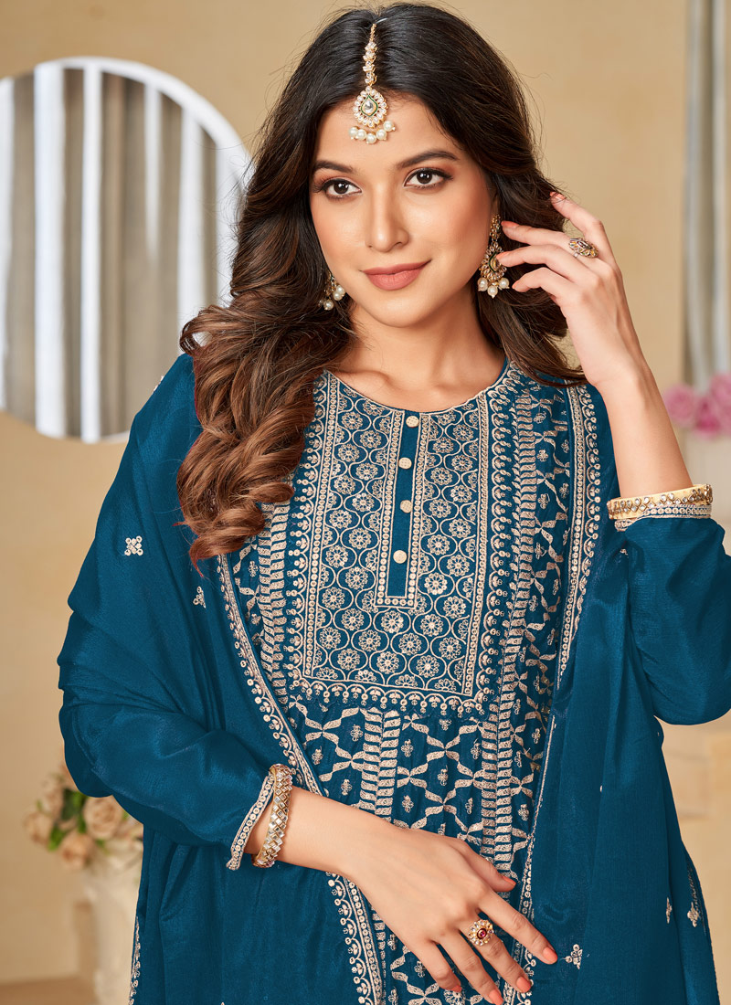 Blue Chinnon Sequins Embroidered Wedding Salwar Kameez