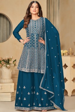 Blue Chinnon Sequins Embroidered Wedding Salwar Kameez