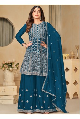 Blue Chinnon Sequins Embroidered Wedding Salwar Kameez