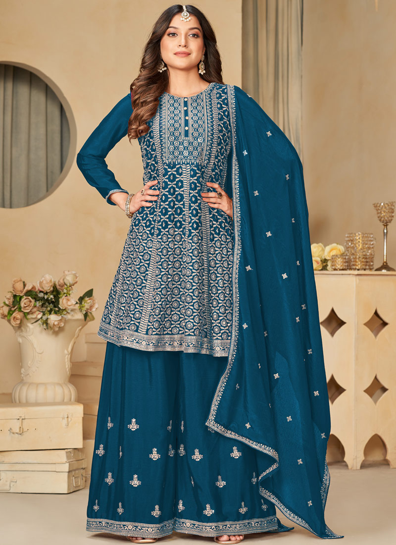 Blue Chinnon Sequins Embroidered Wedding Salwar Kameez