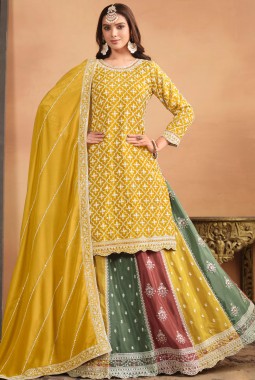 Yellow Chinnon Thread Embroidered Wedding Salwar Kameez Set