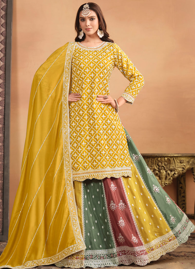 Yellow Chinnon Thread Embroidered Wedding Salwar Kameez Set