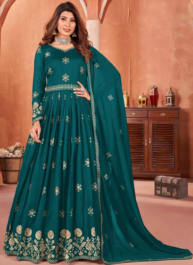 Blue Art Silk Sequins Wedding Salwar Kameez