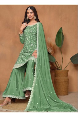 Pista Green Chinnon Sequins Embroidered Wedding Salwar Kameez