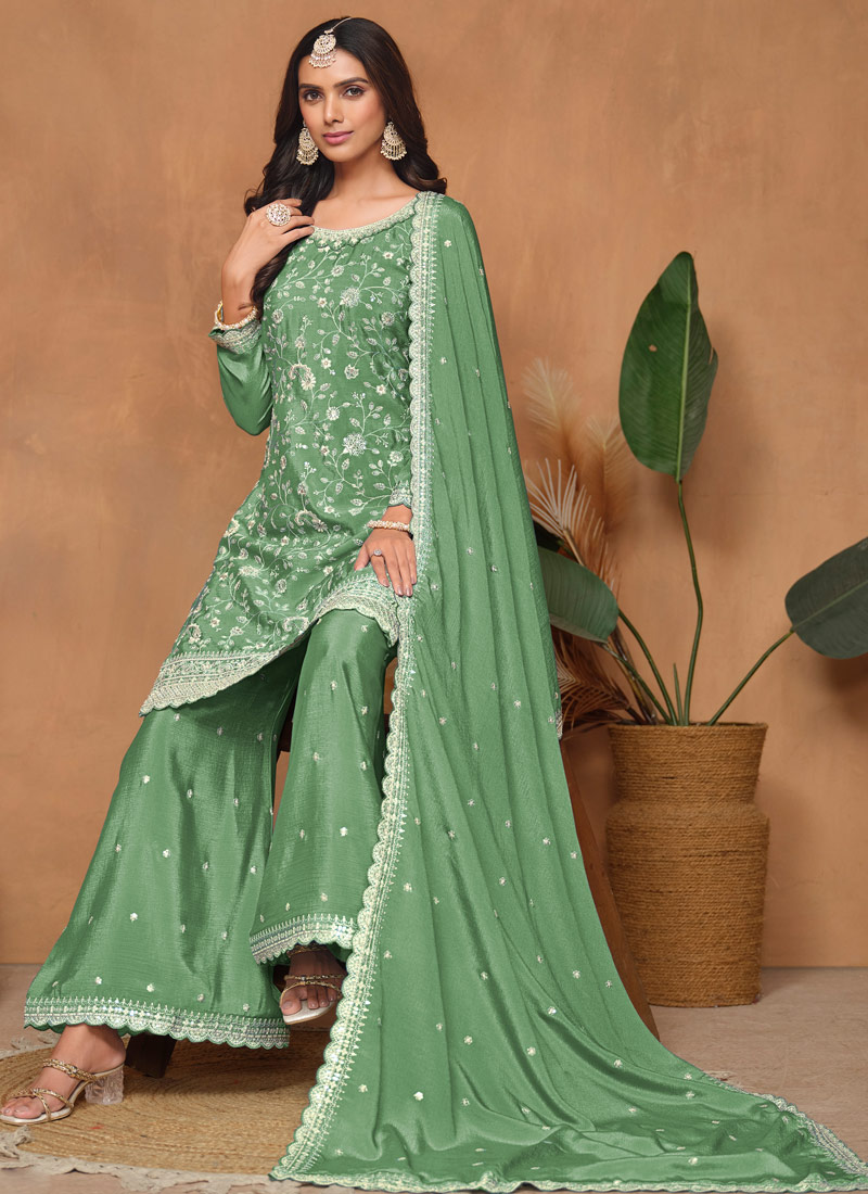 Pista Green Chinnon Sequins Embroidered Wedding Salwar Kameez