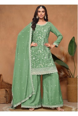 Pista Green Chinnon Sequins Embroidered Wedding Salwar Kameez