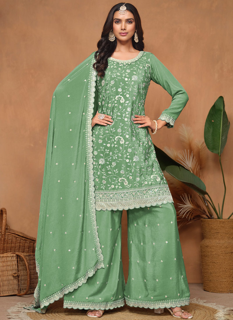 Pista Green Chinnon Sequins Embroidered Wedding Salwar Kameez