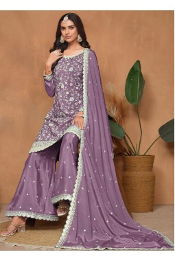 Lavender Chinnon Resham Embroidered Wedding Salwar Kameez