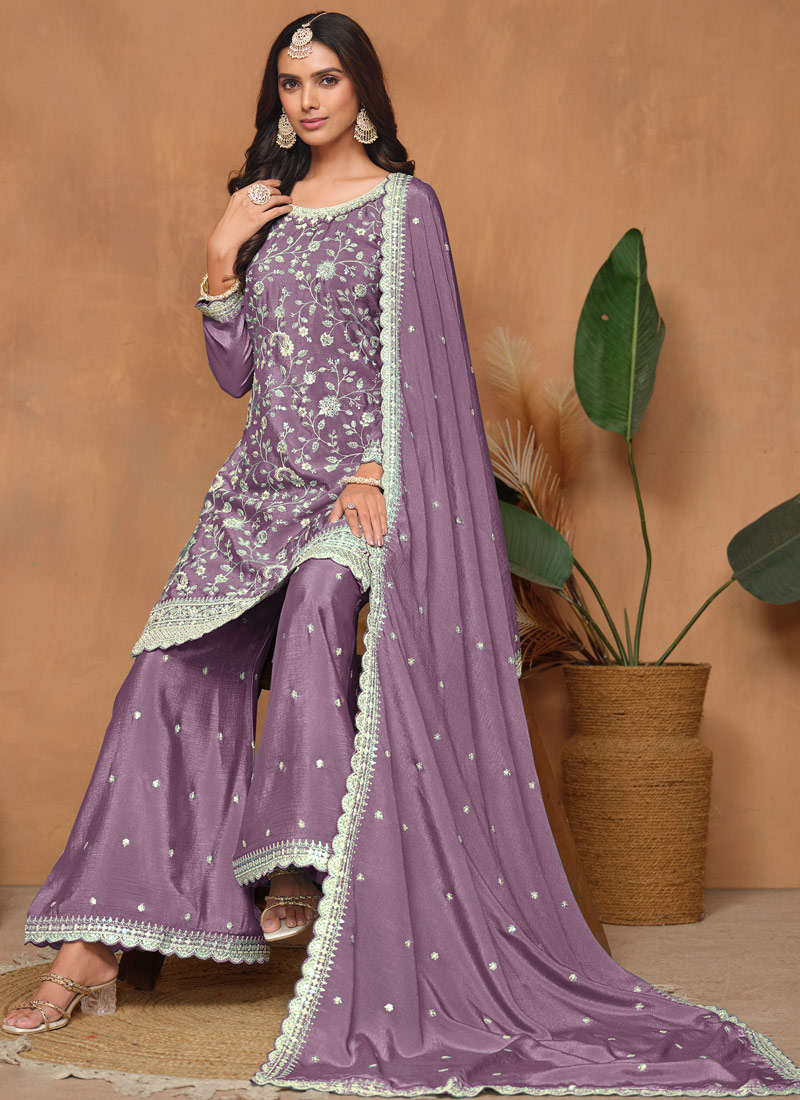 Lavender Chinnon Resham Embroidered Wedding Salwar Kameez