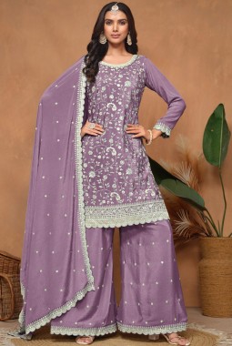 Lavender Chinnon Resham Embroidered Wedding Salwar Kameez