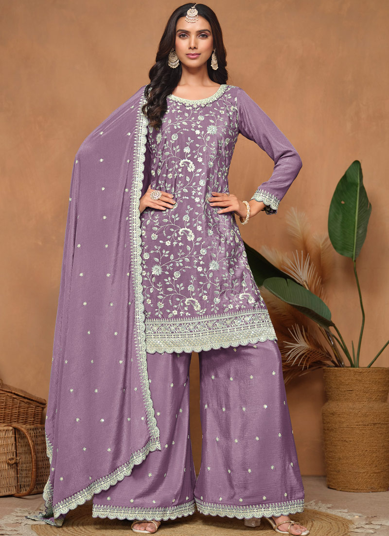 Lavender Chinnon Resham Embroidered Wedding Salwar Kameez