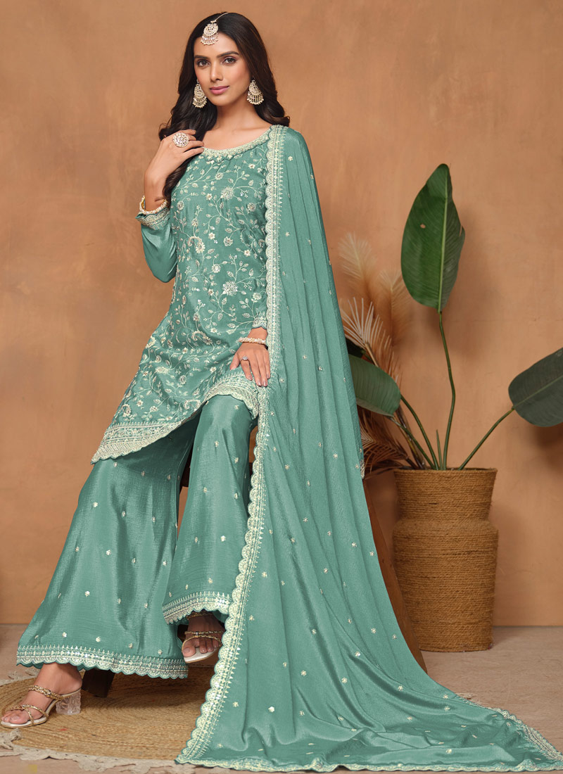 Blue Chinnon Sequins Embroidered Wedding Salwar Kameez