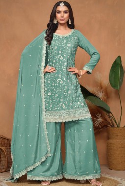 Blue Chinnon Sequins Embroidered Wedding Salwar Kameez