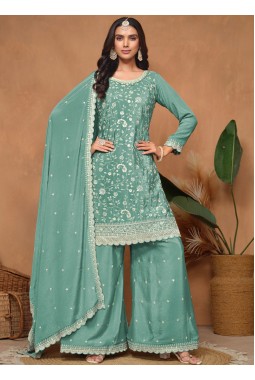 Blue Chinnon Sequins Embroidered Wedding Salwar Kameez