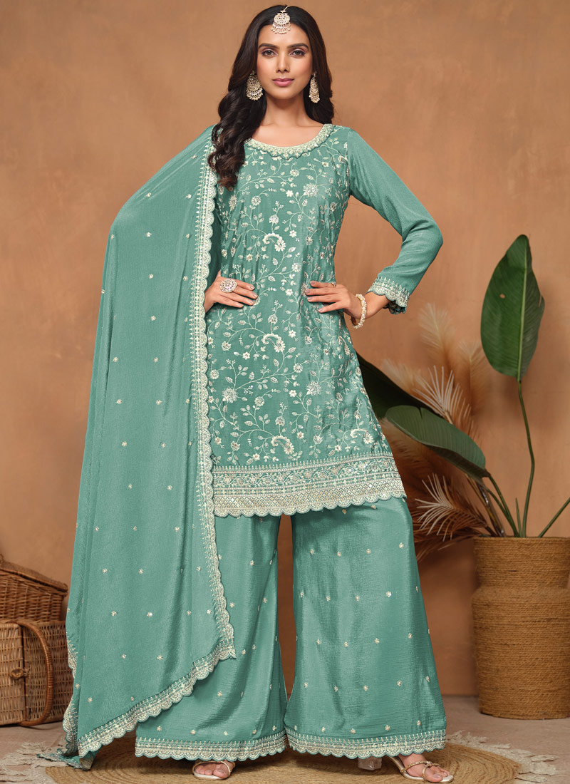 Blue Chinnon Sequins Embroidered Wedding Salwar Kameez