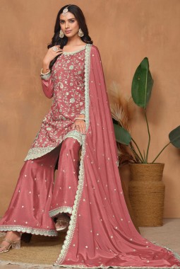 Peach Chinnon Resham Embroidered Wedding Salwar Kameez