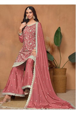 Peach Chinnon Resham Embroidered Wedding Salwar Kameez