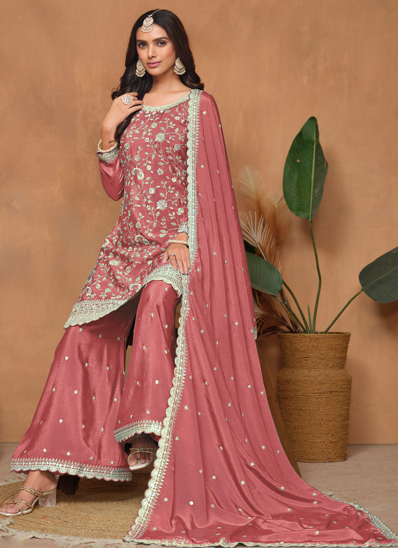 Peach Chinnon Resham Embroidered Wedding Salwar Kameez