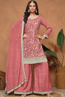 Peach Chinnon Resham Embroidered Wedding Salwar Kameez
