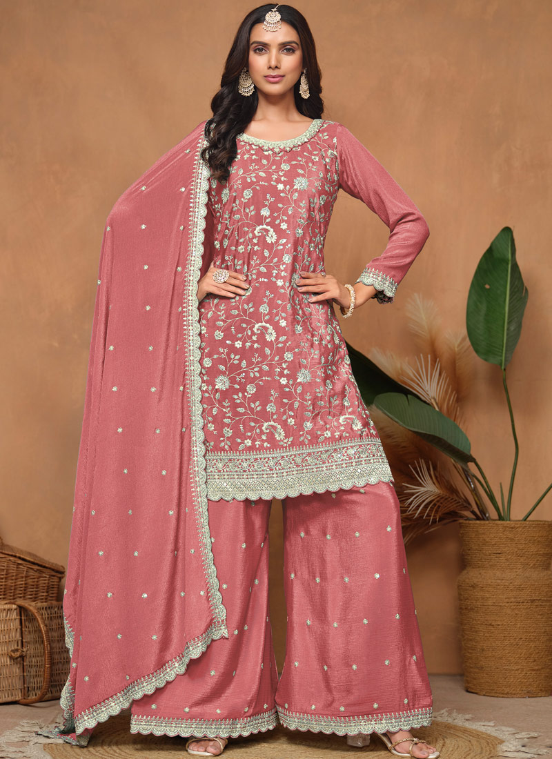 Peach Chinnon Resham Embroidered Wedding Salwar Kameez