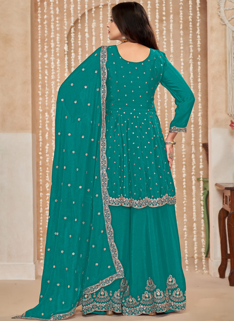 Blue Chinnon Sequins Embroidered Wedding Salwar Kameez