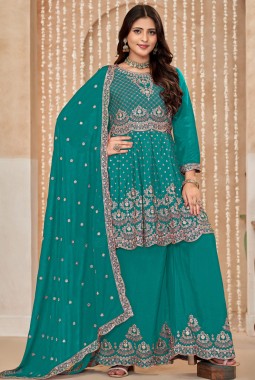 Blue Chinnon Sequins Embroidered Wedding Salwar Kameez