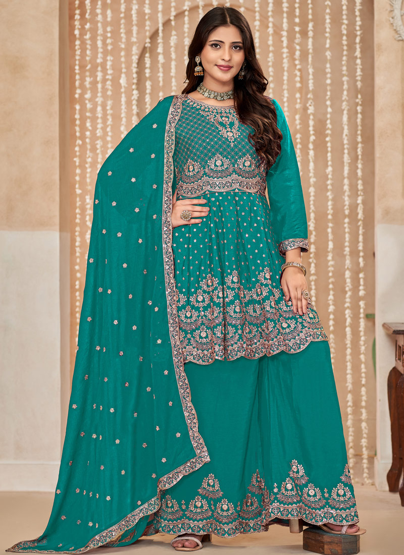 Blue Chinnon Sequins Embroidered Wedding Salwar Kameez