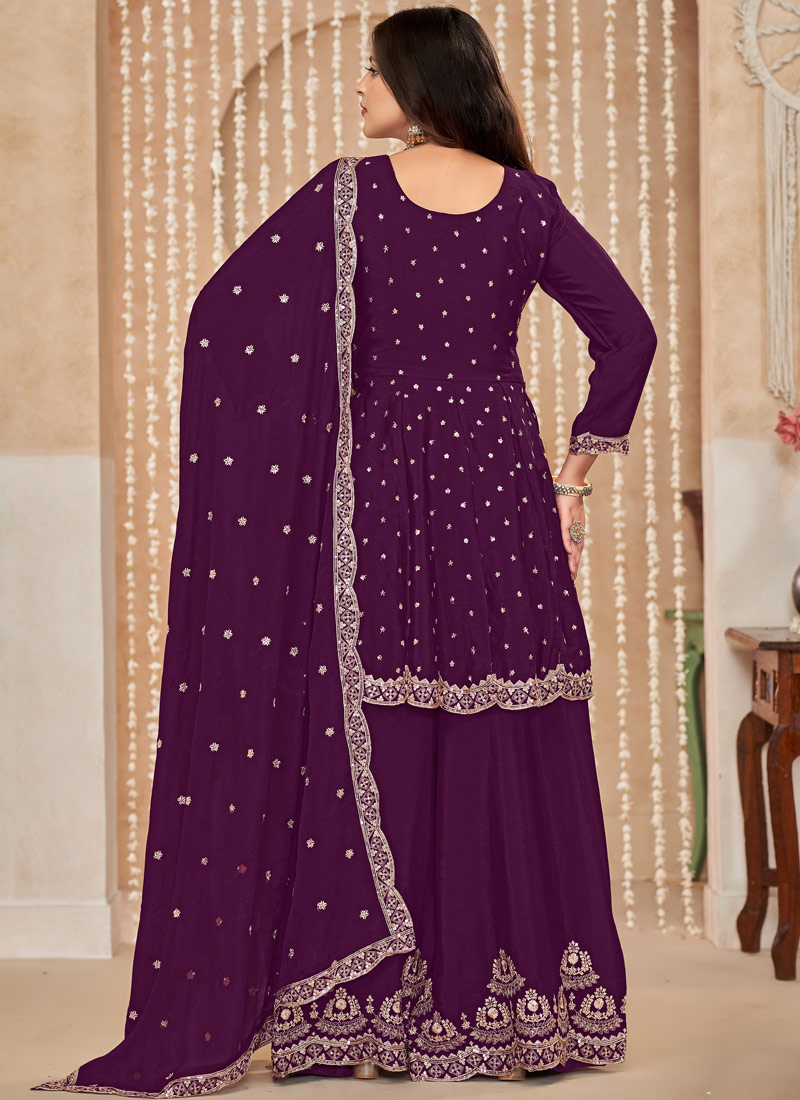 Purple Chinnon Resham Embroidered Wedding Salwar Kameez