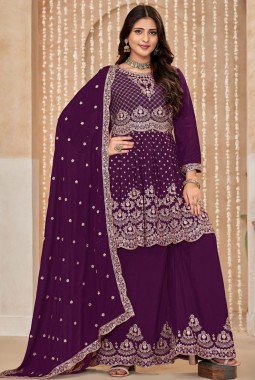 Purple Chinnon Resham Embroidered Wedding Salwar Kameez