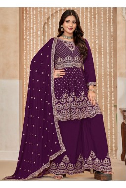 Purple Chinnon Resham Embroidered Wedding Salwar Kameez