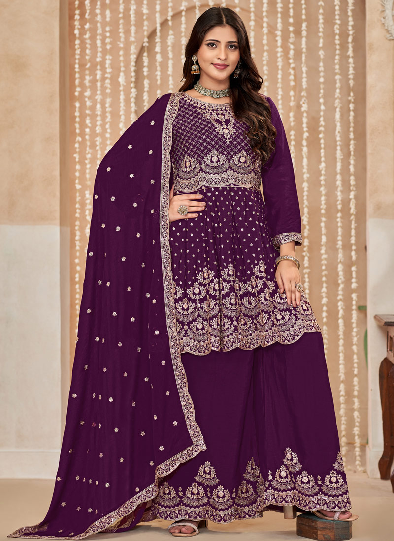 Purple Chinnon Resham Embroidered Wedding Salwar Kameez