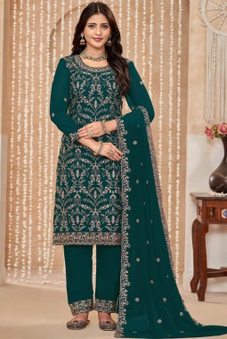 Teal Faux Georgette Resham Embroidered Wedding Salwar Kameez