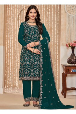 Teal Faux Georgette Resham Embroidered Wedding Salwar Kameez