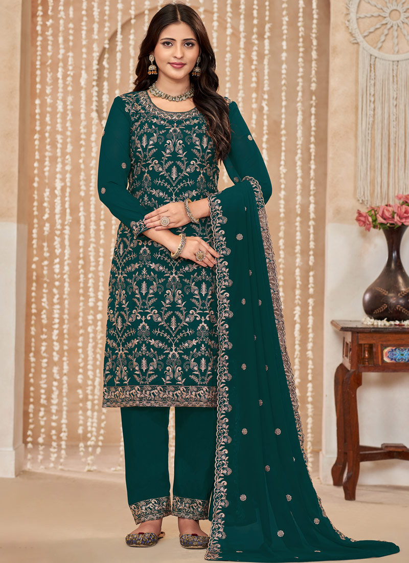 Teal Faux Georgette Resham Embroidered Wedding Salwar Kameez