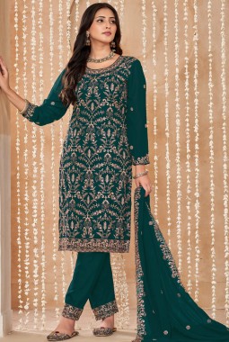 Teal Faux Georgette Resham Embroidered Wedding Salwar Kameez
