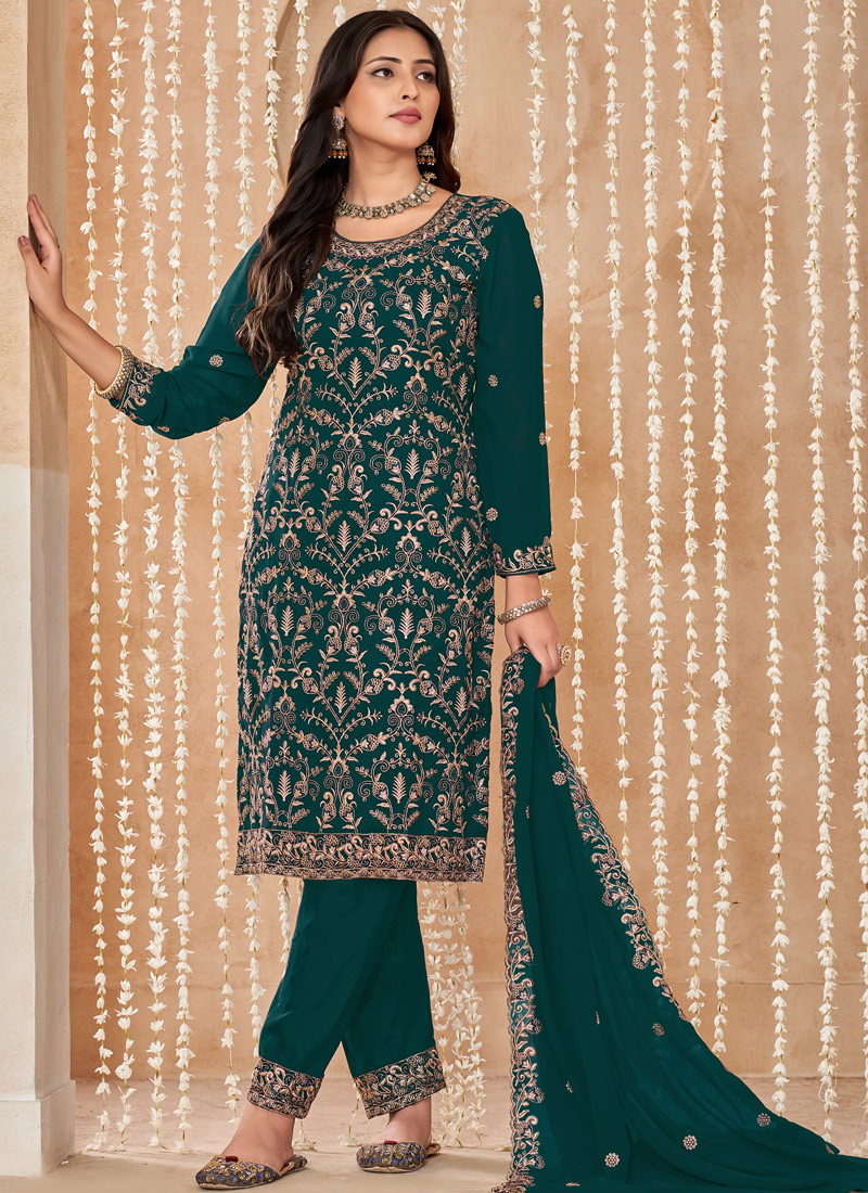 Teal Faux Georgette Resham Embroidered Wedding Salwar Kameez