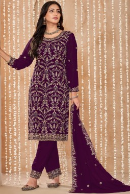 Maroon Faux Georgette Embroidered Wedding Salwar Kameez