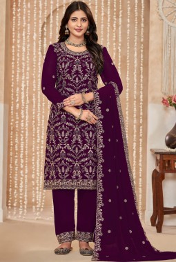 Maroon Faux Georgette Embroidered Wedding Salwar Kameez