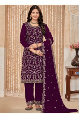 Maroon Faux Georgette Embroidered Wedding Salwar Kameez