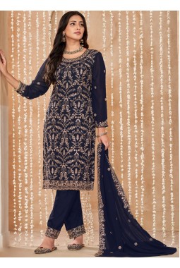 Navy Blue Faux Georgette Resham Embroidered Wedding Salwar Kameez